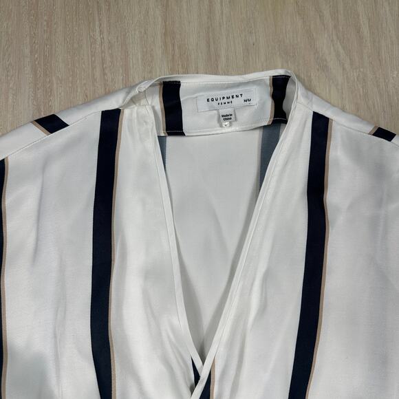 Equipment Striped Work Elegant Short Date Night Sleeve Wrap Midi Dress Medium - Picture 3 of 14